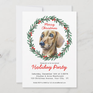 Cute Dachshund Greenery Wreath Christmas Party Invitation