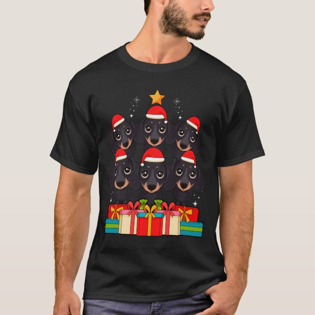 Cute Dachshund Le Doxie Christmas Tree Xmas Hat Lo T-Shirt (Front)