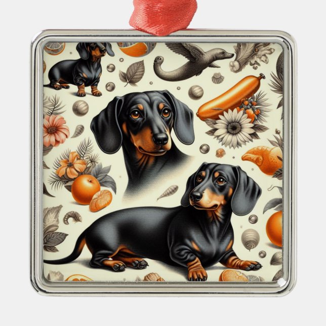 Cute Dachshund Pattern Metal Ornament (Front)