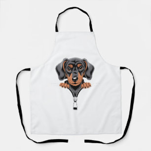 Cute Dachshund Peeking Out of Zipper Illustration Apron