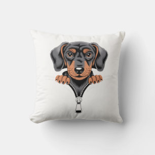 Cute Dachshund Peeking Out of Zipper Illustration Cushion