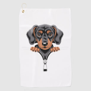 Cute Dachshund Peeking Out of Zipper Illustration Golf Towel