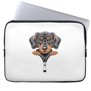 Cute Dachshund Peeking Out of Zipper Illustration Laptop Sleeve