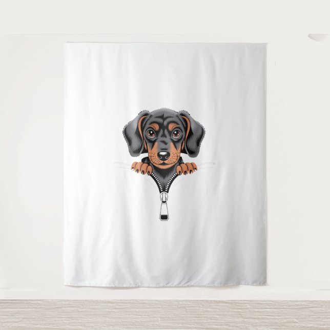 Cute Dachshund Peeking Out of Zipper Illustration Tapestry (Front)