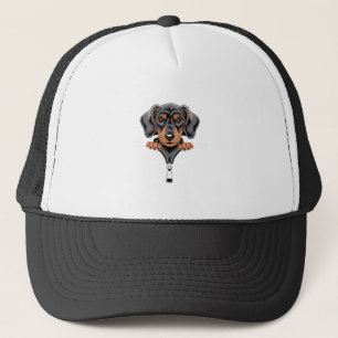 Cute Dachshund Peeking Out of Zipper Illustration Trucker Hat