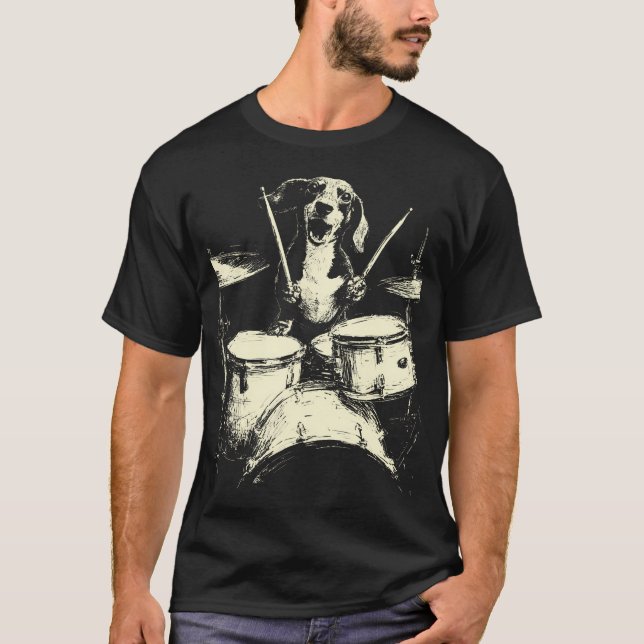 Cute Dachshund Playing Drums Funny Music Sausage D T-Shirt (Front)