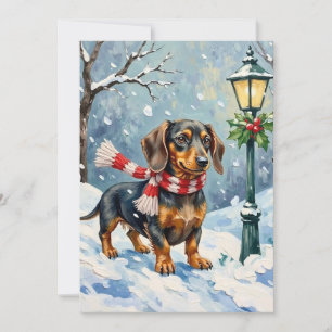 Cute Dachshund Puppy Cosy Winter Scarf Art Holiday Card