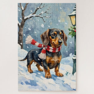 Cute Dachshund Puppy Cosy Winter Scarf Art Jigsaw Puzzle