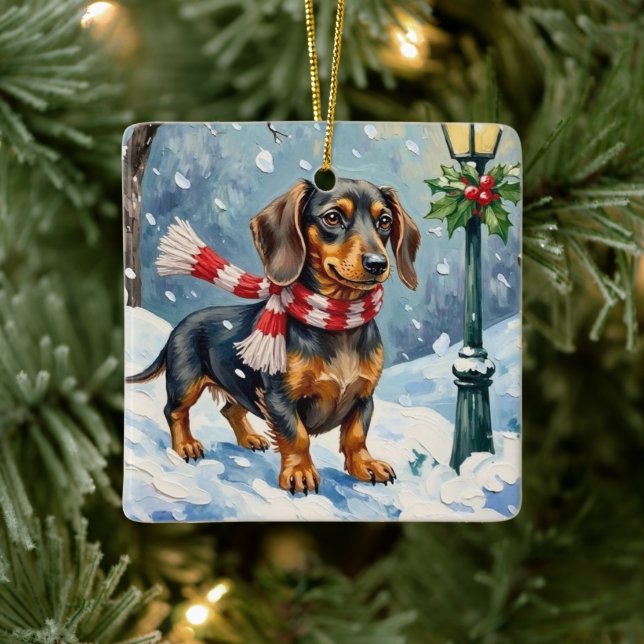 Cute Dachshund Puppy Cozy Winter Scarf Art Ceramic Ornament (Tree)