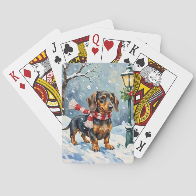 Cute Dachshund Puppy Cozy Winter Scarf Art Playing Cards (Back)