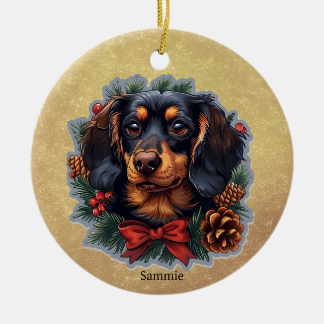 Cute Dachshund Puppy Dog Christmas Ornament (Front)