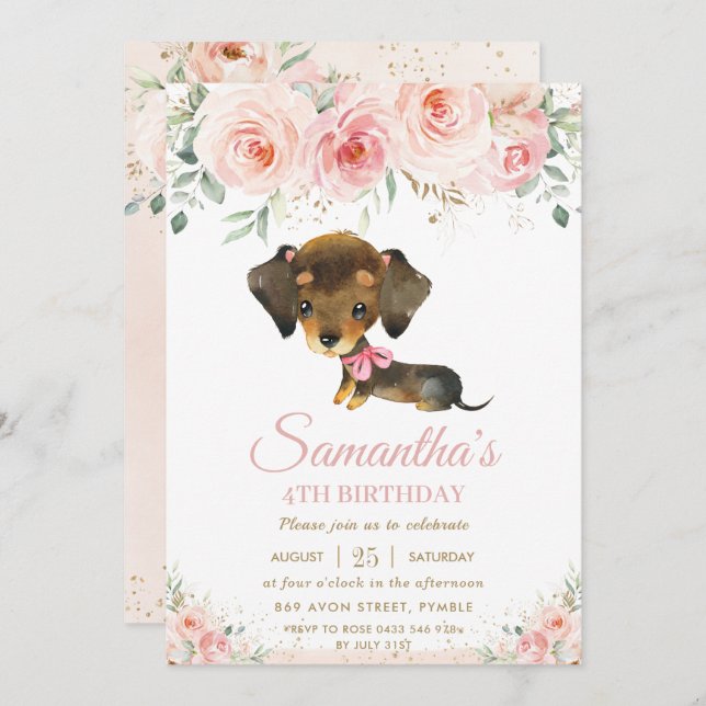 Cute Dachshund Puppy Dog Pink Floral Girl Birthday Invitation (Front/Back)