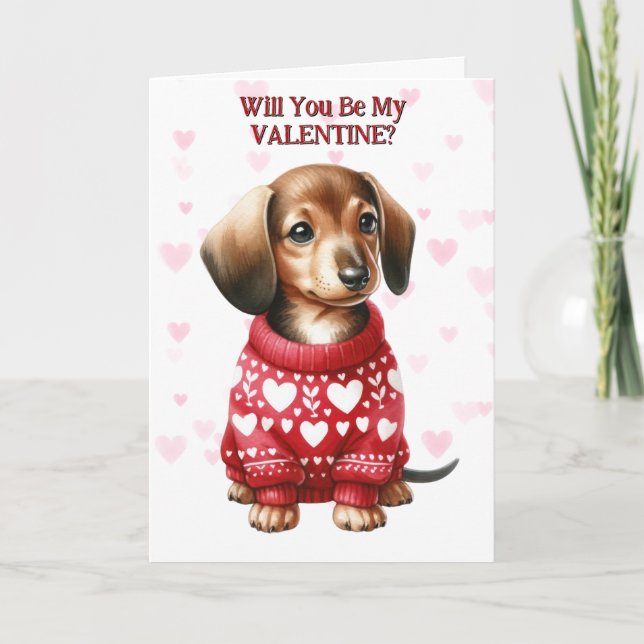 Cute Dachshund Puppy in Sweater Valentine Holiday Card (Front)