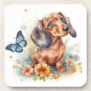 Cute Dachshund Puppy Watercolor Coaster