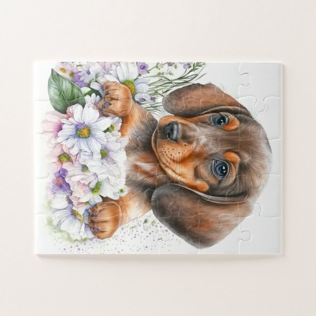 Cute Dachshund Puppy Watercolor Floral Dog Jigsaw Puzzle (Horizontal)