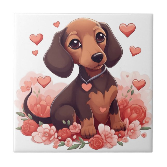 Cute Dachshund Puppy with Hearts Ceramic Tile (Front)