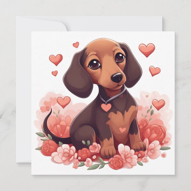 Cute Dachshund Puppy with Hearts Invitation (Front)