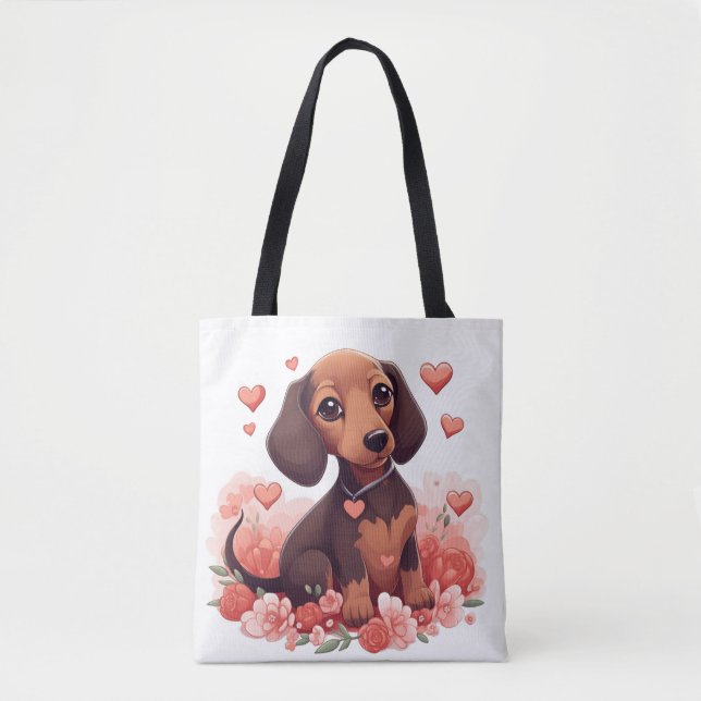 Cute Dachshund Puppy with Hearts Tote Bag (Front)
