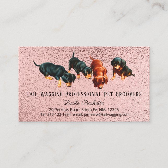 Cute Dachshund Pups Pet Grooming Chic Rose Gold Business Card (Front)