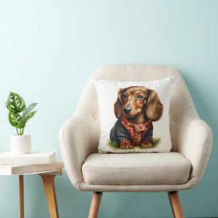 Cute Dachshund Red Long-haired in Sweater: Cushion