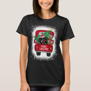 Cute Dachshund Red Truck Merry Christmas Bleached T-Shirt