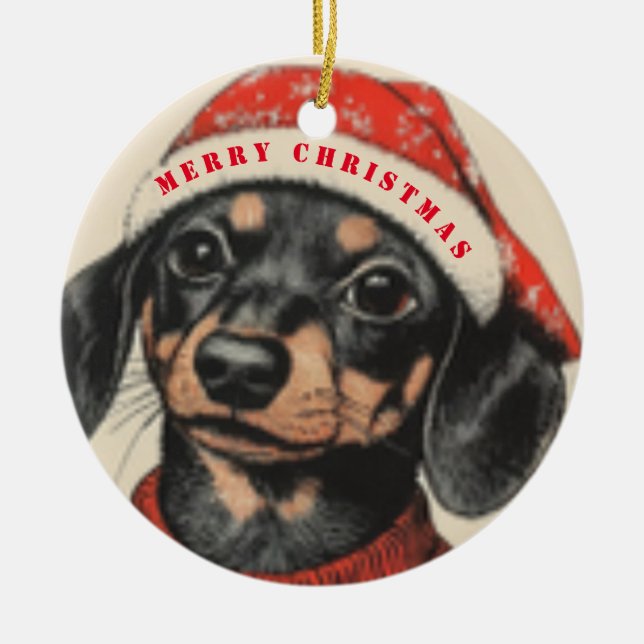 Cute Dachshund, Vintage Merry Christmas Ceramic Ornament (Front)