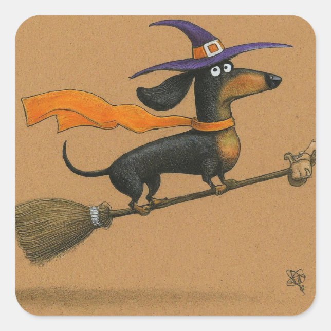 Cute Dachshund Witch Square Sticker (Front)