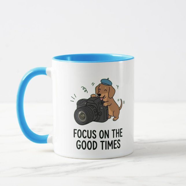 Cute Dachshund with Camera "Good Times" Photo Love Mug (Left)