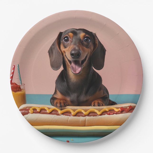 Cute Dachshund With Hot Dog Paper Plate (Front)