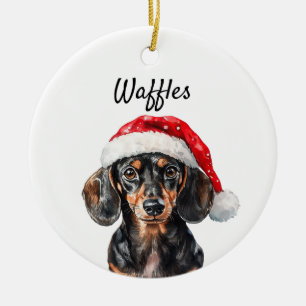Cute Dachshund with Santa Hat Ceramic Ornament