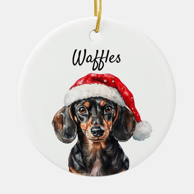 Cute Dachshund with Santa Hat Ceramic Ornament (Front)