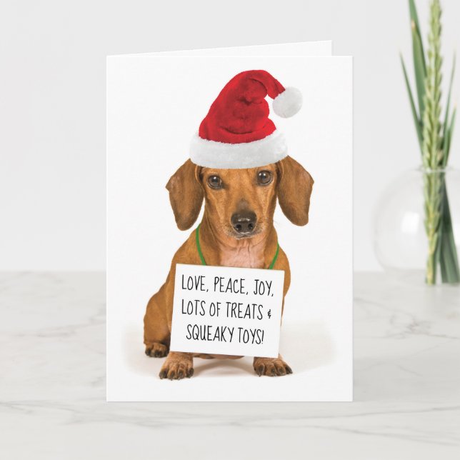 Cute Dachshund with Santa Hat Christmas Holiday Card (Front)