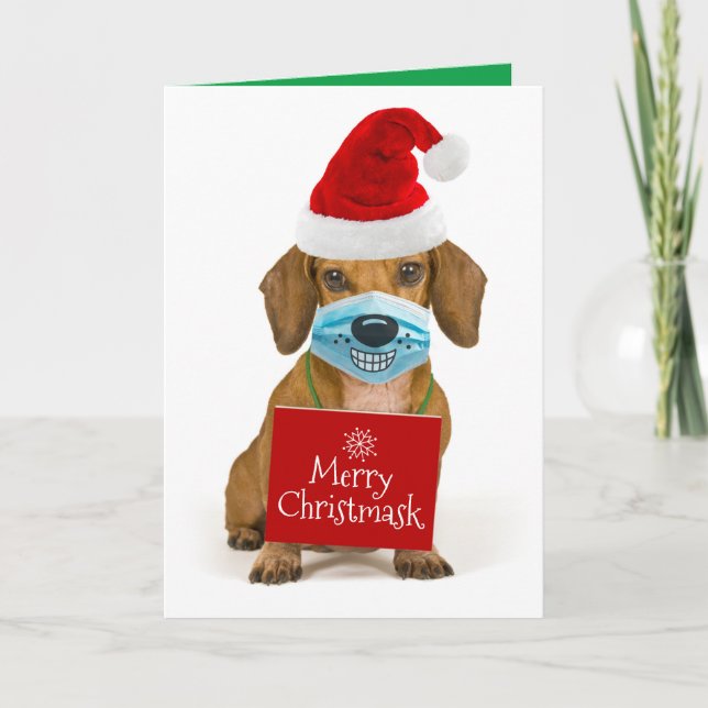 Cute Dachshund With Smiling Face Mask Holiday Card (Front)