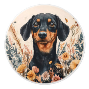 Cute Dachshund with Wildflowers Painting Ceramic Knob