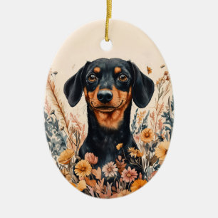 Cute Dachshund with Wildflowers Painting Ceramic Ornament