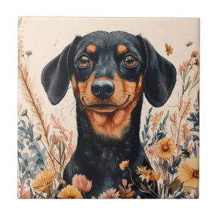 Cute Dachshund with Wildflowers Painting Ceramic Tile
