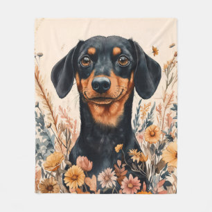 Cute Dachshund with Wildflowers Painting Fleece Blanket