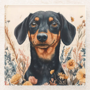 Cute Dachshund with Wildflowers Painting Glass Coaster