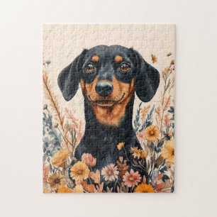 Cute Dachshund with Wildflowers Painting Jigsaw Puzzle