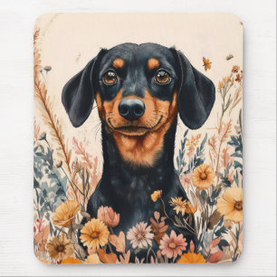 Cute Dachshund with Wildflowers Painting Mouse Pad