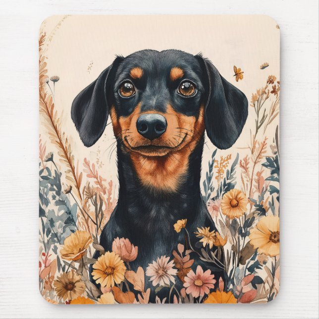 Cute Dachshund with Wildflowers Painting Mouse Pad (Front)