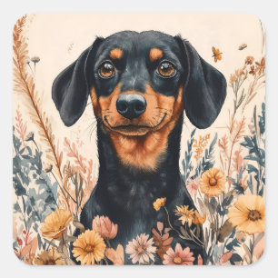 Cute Dachshund with Wildflowers Painting Square Sticker