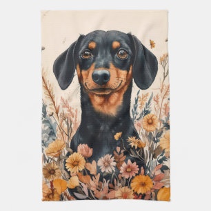 Cute Dachshund with Wildflowers Painting Tea Towel
