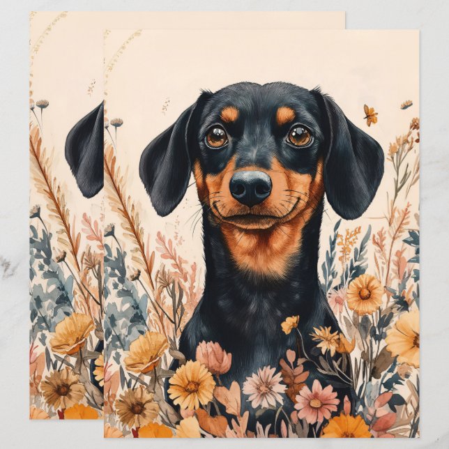 Cute Dachshund with Wildflowers Scrapbook Paper (Front/Back)