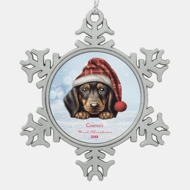 Cute Dachshunds Puppy Dog Santa Hat 1st Christmas Snowflake Pewter Christmas Ornament (Front)