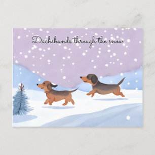 Cute Dachshunds Sausage Dogs in Snow Christmas Holiday Postcard