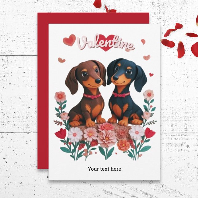 Cute Dachshunds Sausage Dogs Valentine's Day Holiday Card (A cute Valentine's Day card, featuring two adorable dachshunds, with hearts, flowers and custom text)