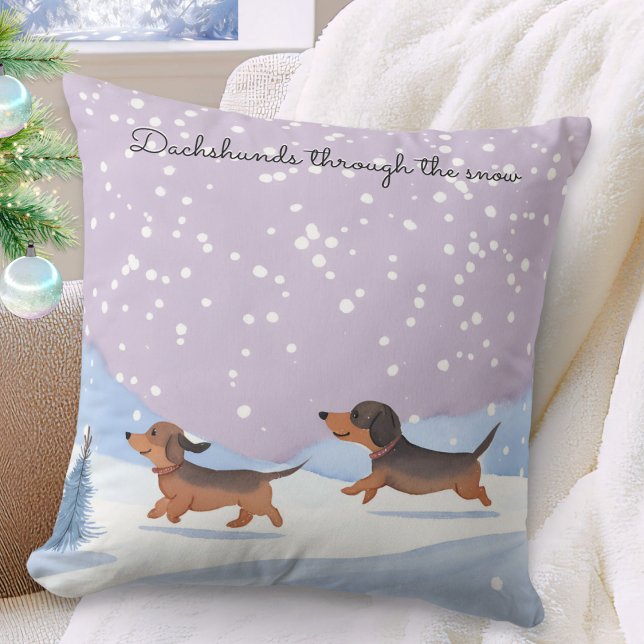 Cute Dachshunds Snow Dog Doxie Festive Christmas Cushion (A festive throw pillow, picturing two cute dachshunds, with caption 'Dachshunds through the snow')