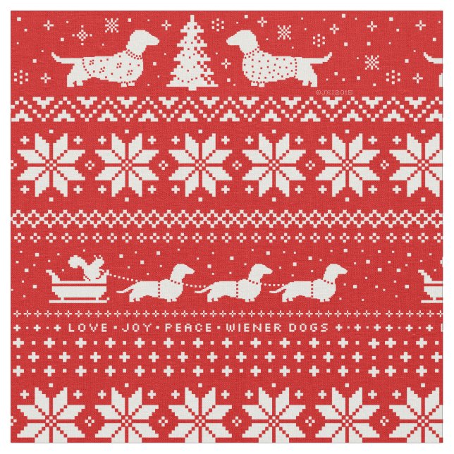 Cute Dachshunds with Christmas Holiday Red Pattern Fabric (Close Up)