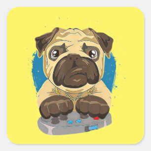 Cute Daddy Pug Dog Playing Video Games Square Sticker